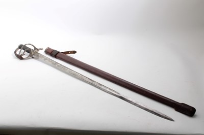 Lot 725 - George V Royal Artillery Officers Sword with three bar hilt, wire bound shagreen grip, etched polished steel blade numbered 13058, with crowned GRV cypher, Royal Artillery Badge, and Army & Navy, C...