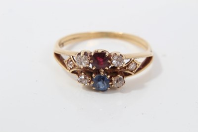 Lot 31 - Antique old cut diamond, sapphire and ruby double band ring and an emerald and diamond half eternity style ring