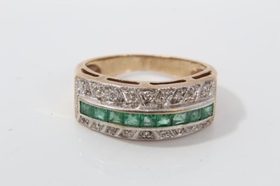 Lot 31 - Antique old cut diamond, sapphire and ruby double band ring and an emerald and diamond half eternity style ring