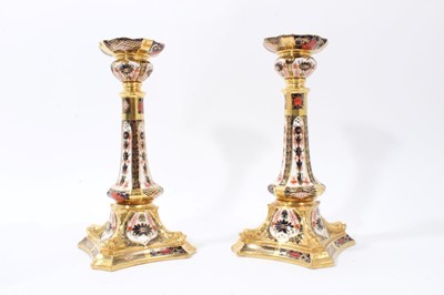 Lot 893 - Pair of Royal Crown Derby imari candlesticks, pattern number 1128, 26.5cm high