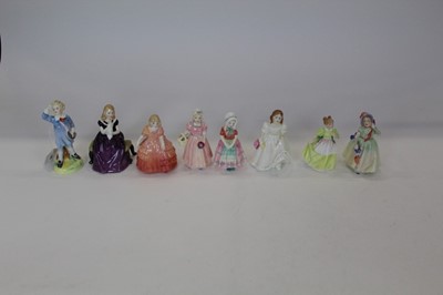 Lot 901 - Eight Royal Doulton figures - Little Boy Blue HN2062, Tinkle Bell HN1677, Tootles HN1680, Lynsey HN3043, Young Melody HN3654, Rose HN1368, Affection HN2236 and Babie HN1679