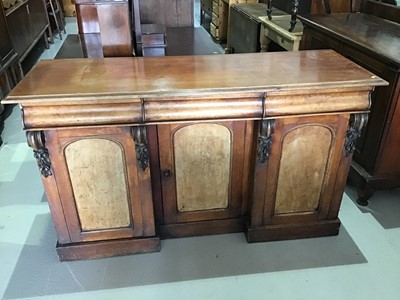 Lot 30 - Victorian flame mahogany sideboard with three drawers and three cupboards below on plinth base H91cm W157cm D53.5cm