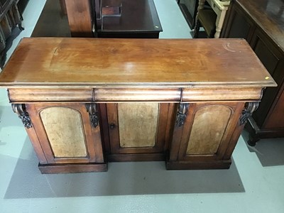 Lot 30 - Victorian flame mahogany sideboard with three drawers and three cupboards below on plinth base H91cm W157cm D53.5cm