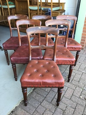 Lot 38 - Set of six Victorian mahogany balloon back dining chairs with brown buttoned seats on turned front legs H90cm W48.5cm D46cm