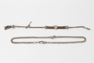 Lot 60 - Silver Albert chain and white metal fob chain with heart and tassel decoration