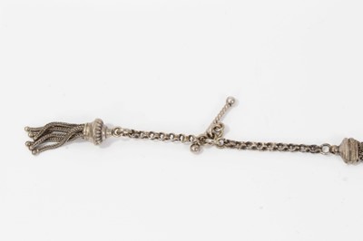 Lot 60 - Silver Albert chain and white metal fob chain with heart and tassel decoration