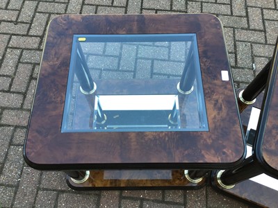 Lot 50 - Pair of contemporary walnut effect coffee table with glass inset tops and mirrored undertier H55cm W68cm D60cm