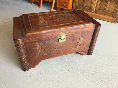 Lot 57 - Eastern carved camphor wood trunk with brass lock H48cm W90cm D47cm