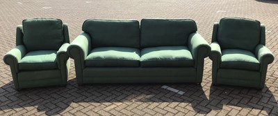 Lot 59 - Contemporary three piece suite upholstered in green material of a traditional shape comprising of a three seater and two armchairs, three seater H80cm W210cm D93cm, armchair H80cm W89cm D93cm
