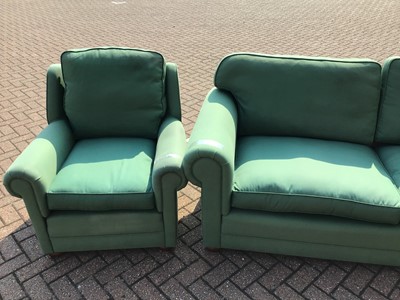 Lot 59 - Contemporary three piece suite upholstered in green material of a traditional shape comprising of a three seater and two armchairs, three seater H80cm W210cm D93cm, armchair H80cm W89cm D93cm