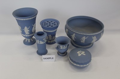 Lot 941 - Collection of Wedgewood Jasper ware including pedestal bowl, vases, candlesticks etc