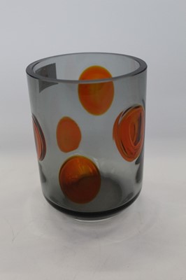 Lot 946 - Whitefriars Tangerine on Pewter cylindrical vase, designed by Geoffrey Baxter, 15.5cm high