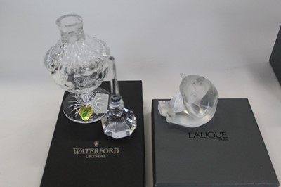 Lot 948 - Lalique bear, 7cm high in original box plus a Waterford crystal perfume bottle and stopper