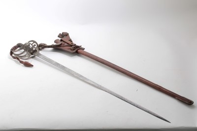 Lot 733 - Late Victorian Rifle Regiment Officers' sword with gothic hilt with knot, etched blade with crowned VR cipher in pigskin leather field service scabbard with frog