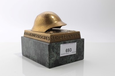 Lot 693 - Interesting brass commorative military desk weight, stamped makers mark- Stockmann, Luzern, Fer, 10.5cm in length