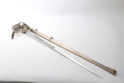 Lot 737 - George V 1897 Pattern Infantry Officers'  sword with nickel plated guard with dress knot, etched blade with crowned GR cipher retaining most original polish in nickel plated scabbard.