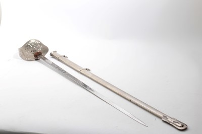 Lot 738 - Scarce Zambian post 1964 Officers' sword by Wilkinson based on a British 1897 Pattern Infantry Officers sword with nickel plated guard with Zambian Arms and etched blade with Zambian arms retaining...