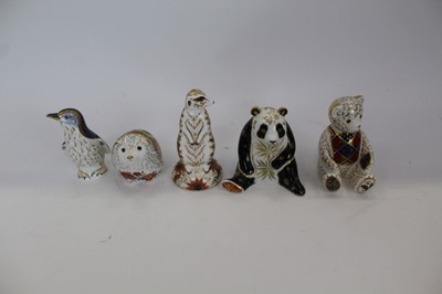 Lot 954 - Five Royal Crown Derby paperweights - Diamond Jubilee Teddy Bear, Fairy Penguin, Old Imari Hedgehog, Giant Panda and Meerkat