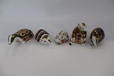 Lot 955 - Five Royal Crown Derby paperweights - Old Imari Badger, another Badger, Bear, Hedgehog and Meadow Rabbit