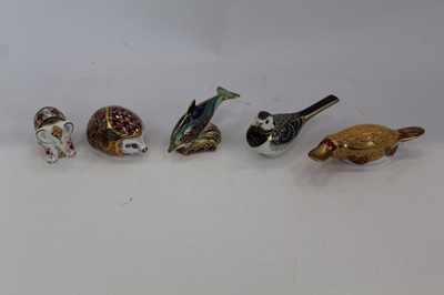 Lot 956 - Five Royal Crown Derby paperweights - Orchard Hedgehog,  Pied Wagtail, Duck-billed Platypus, Lyme Bay Baby Dolphin and Lucky Charm