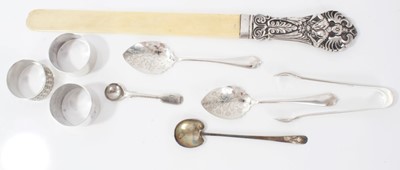 Lot 130 - Silver mounted page turner, together with silver preserve spoons and sundry silver ware