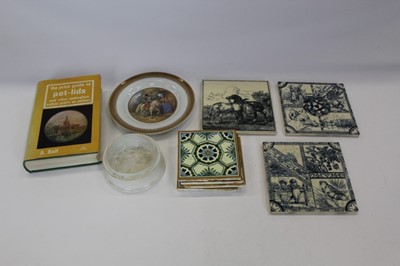 Lot 971 - Prattware plate - The Cavalier, the price guide to collecting pot lids, set of four Minton tiles and three other tiles