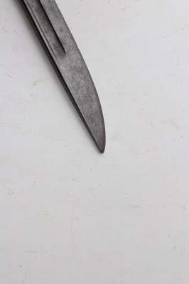 Lot 752 - Second World War Japanese Arisaka type 30 bayonet, with an unusual quillion (lacking scabbard), together with two hunting knives, a Malayan Kris and a miniature Kukri. (5)