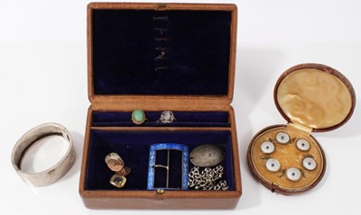Lot 75 - Set six silver gilt mother of pearl dress studs in fitted case, silver bangle, silver and blue enamel buckle, 9ct gold green hard stone ring and other jewellery