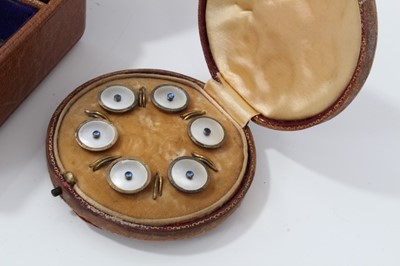 Lot 75 - Set six silver gilt mother of pearl dress studs in fitted case, silver bangle, silver and blue enamel buckle, 9ct gold green hard stone ring and other jewellery