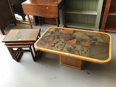 Lot 81 - Oak tiled topped coffee table together with a similar nest of three tables, coffee table H43cm, W99cm D59cm, nest H41.5cm W54.5cm D34.5cm