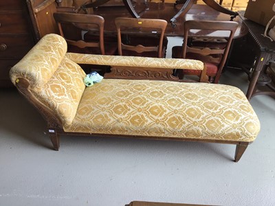 Lot 83 - Late Victorian walnut framed chaise lounge upholstered in a gold patterned material H74cm W170cm D63cm