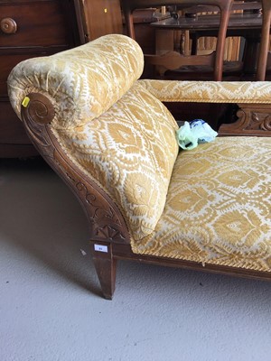 Lot 83 - Late Victorian walnut framed chaise lounge upholstered in a gold patterned material H74cm W170cm D63cm
