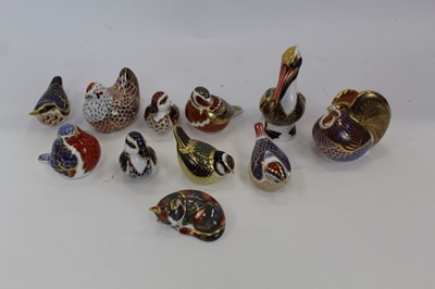 Lot 979 - Eleven Royal Crown Derby paperweights including Brown Pelican, Catnip Kitten, other birds, ducks and a Hen