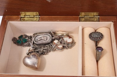 Lot 113 - Wooden jewellery box containing silver and white metal jewellery