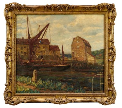 Lot 1025 - Walter J Hall (1866-1947) oil on canvas, The Maize Barge, Woodbridge, signed, inscribed as titled, monogrammed and dated 1908 verso, gilt frame