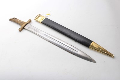 Lot 757 - Reproduction continental sidearm with brass eagles head hilt , broad fullered blade in brass mounted leather scabbard.