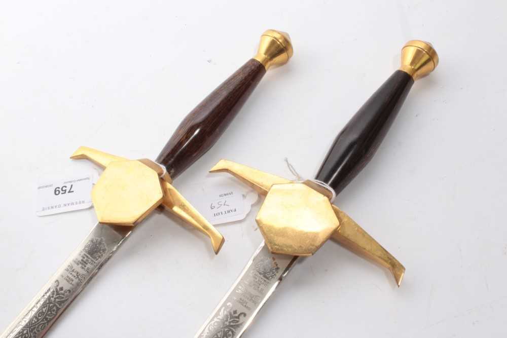 Lot 759 - Pair Wilkinson Sword society swords with cruciform hilts and etched blades