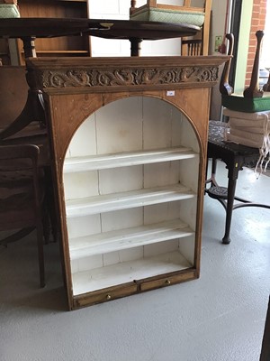 Lot 126 - Antique carved pine open bookcase with painted interior three fixed shelves and two small drawers below H130.5cm W94.5cm D30cm
