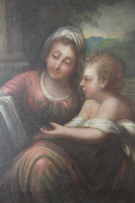 Lot 1129 - Continental school, oil on canvas, Mother and child reading