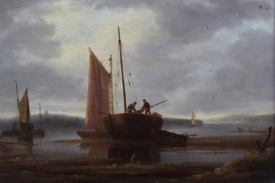 Lot 1149 - John Wallace Tucker (1808-1869) oil on panel, estuary scene with figures and boats, signed, indistinctly dated and inscribed in pen verso