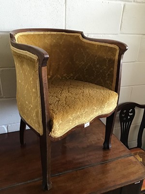 Lot 129 - Edwardian mahogany tub chair upholstered in gold patterned material H77cm W53cm D52cm