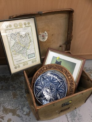 Lot 192 - Vintage cloth bound hat box, together with 18th century map of Huntingdonshire by Herbert Moll, collection of prints, mirror