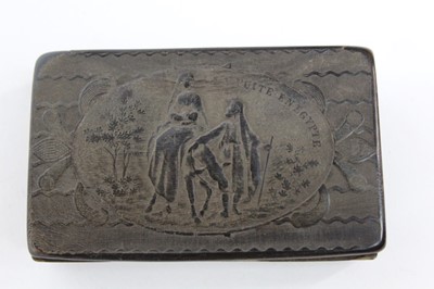 Lot 1999 - 19th century French pressed horn snuff box, decorated in relief with a scene entitled 'La Fuite En Egyptie', 7.5cm width