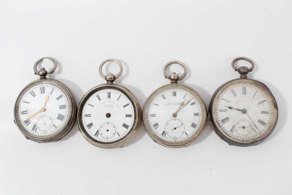 Lot 107 - Victorian silver open faced pocket watch (Chester 1900) together with three other Swiss silver cased open faced pocket watches (4)