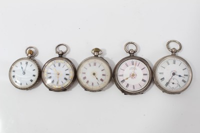Lot 108 - Group of five Swiss Ladies Silver cased fob watches with white enamel dials in engraved cases (5 watches)