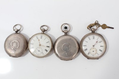 Lot 109 - Victorian silver full hunter pocket watch (London 1888) together with another (Birmingham 1883) and two silver open faced pocket watches (4)