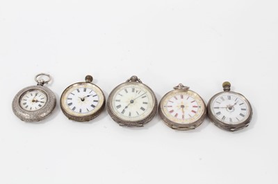 Lot 110 - Group of five Swiss Ladies Silver cased fob watches with white enamel dials in engraved cases (5 watches)
