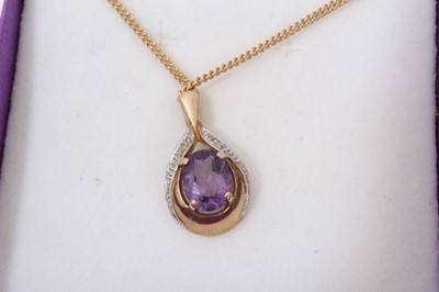 Lot 142 - 9ct gold amethyst and diamond pendant on long 9ct gold chain