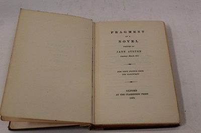 Lot 1165 - Jane Austen - Fragment of a novel written by Jane Austen January-March 1817, now first printed from the manuscript, The Clarendon Press Oxford, 1925, paper board bound with cloth board spine, inscr...