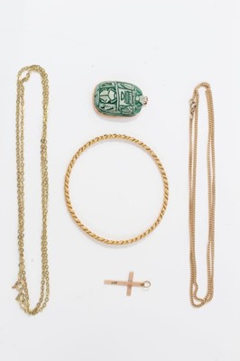 Lot 145 - 9ct gold chain, one other chain, Egyptian scarab beetle pendant, cross pendant and a rope twist bangle